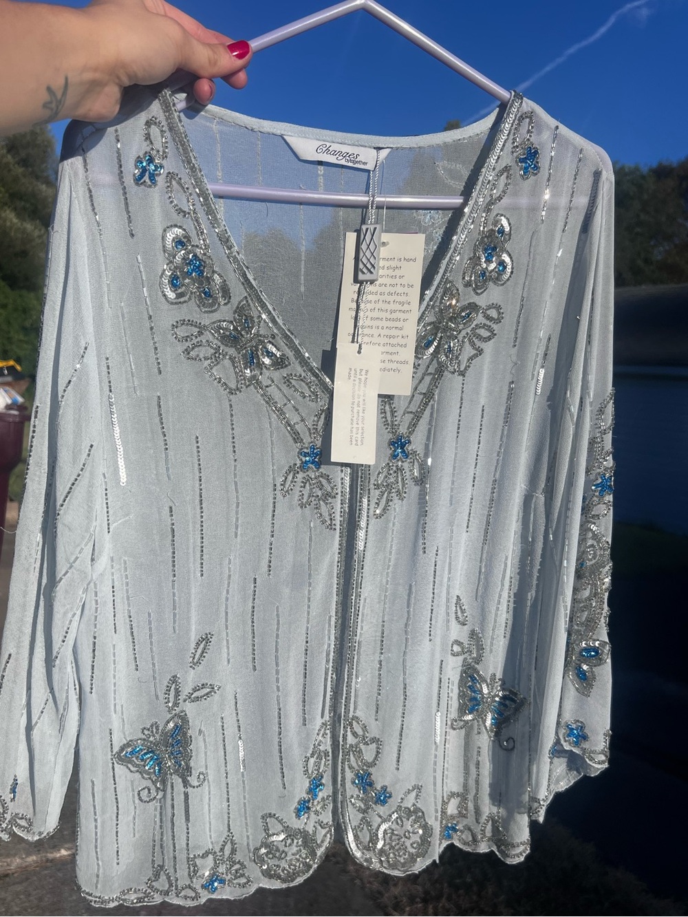 NWT Fairycore Beaded Sequined Butterfly Chiffon Tunic Top Sheer Light Blue